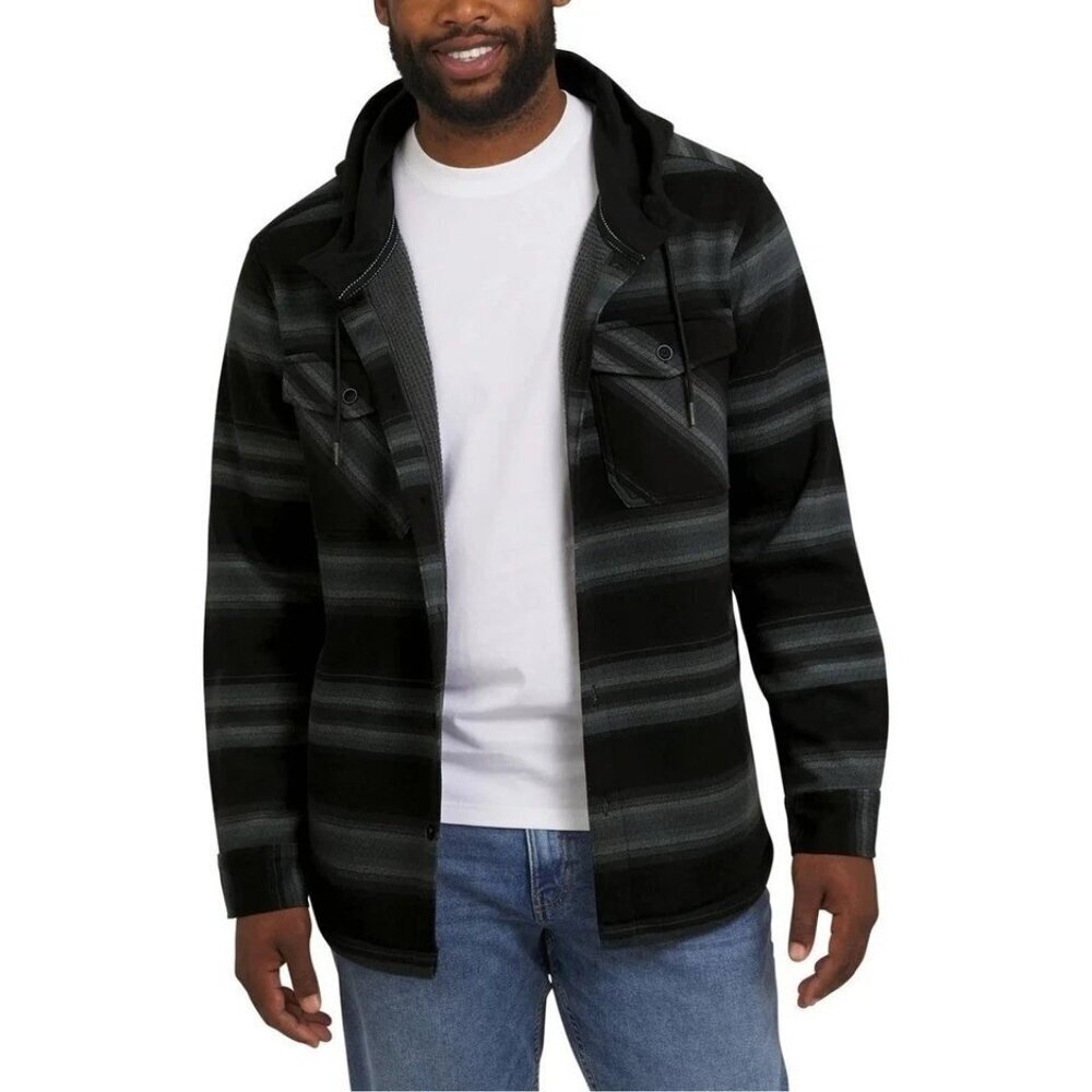 Quiksilver Men's M Hooded Button-Up Shirt Jacket Gray & Black Striped N0306